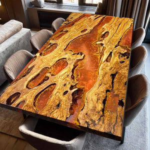 Elite Straight - Edge Olive Wood Dining Table with Irregular Orange Golden Resin ECT-231 - Elitecustomtable