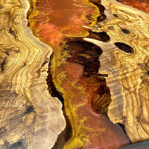 Elite Straight - Edge Olive Wood Dining Table with Irregular Orange Golden Resin ECT-231 - Elitecustomtable