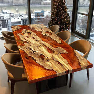 Elite Straight - Edge Olive Wood Dining Table with Irregular Orange Resin Inlay ECT-232 - Elitecustomtable