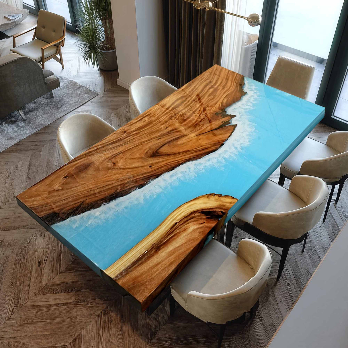 Elite Straight - Edge Walnut Dining Table with Blue Ocean Wave Resin 72"L×48"W EIT - 20 - Elitecustomtable