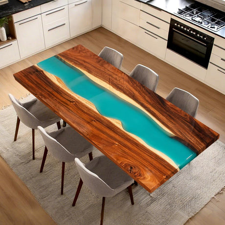 Elite Straight - Edge Walnut Dining Table with Turquoise Resin Inlay ECT - 140 - Elitecustomtable