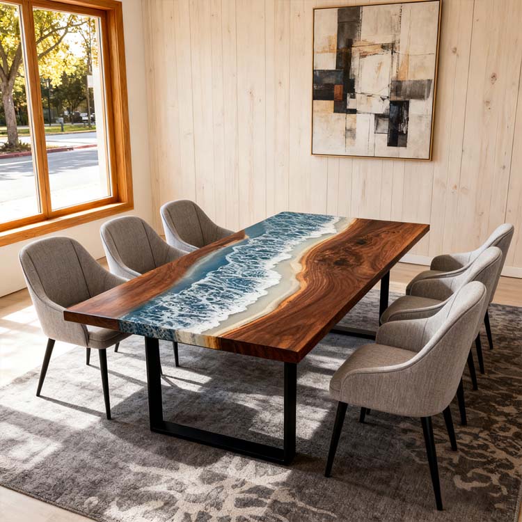 Elite Walnut Blue Epoxy River Rectangular Dining Table – Modern Handmade Resin Table ECT-266