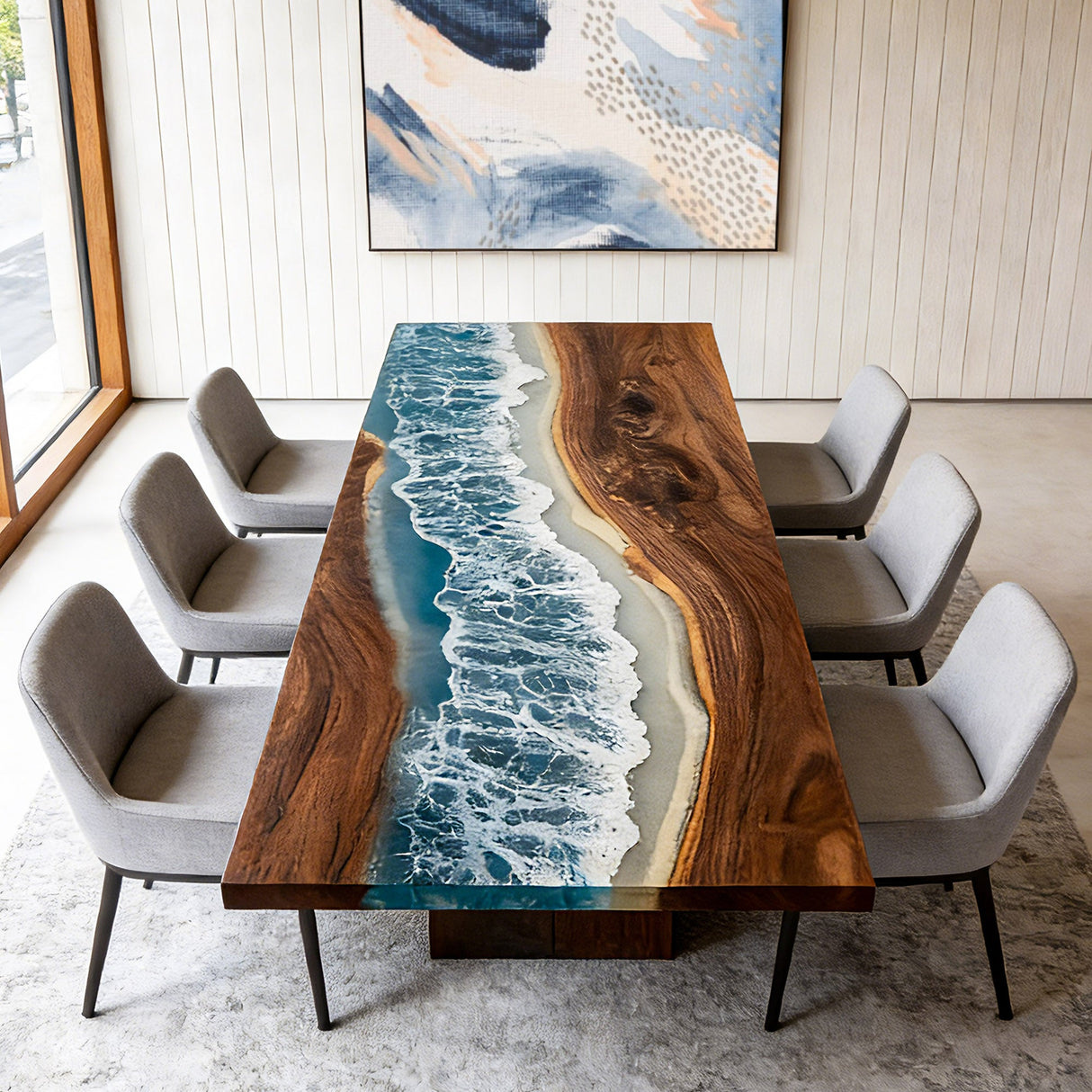 Elite Walnut Blue Epoxy River Rectangular Dining Table – Modern Handmade Resin Table ECT - 266 - Elitecustomtable