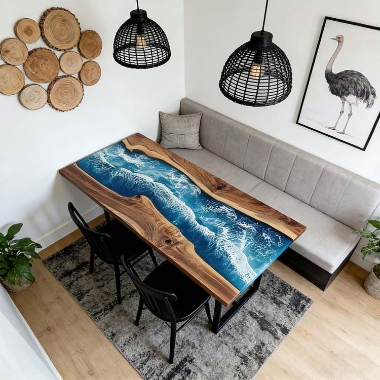 Elite Walnut Blue Epoxy River Rectangular Resin Dining Table – Modern Handmade Design ECT-271
