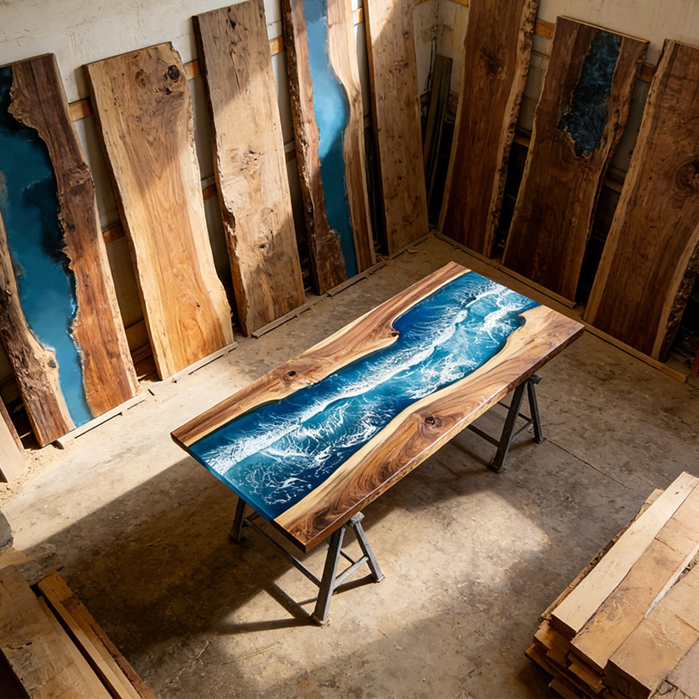Elite Walnut Blue Epoxy River Rectangular Resin Dining Table – Modern Handmade Design ECT - 271 - Elitecustomtable