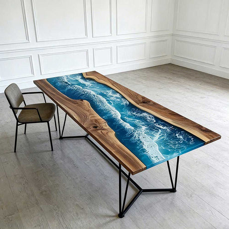 Elite Walnut Blue Epoxy River Rectangular Resin Dining Table – Modern Handmade Design ECT - 271 - Elitecustomtable