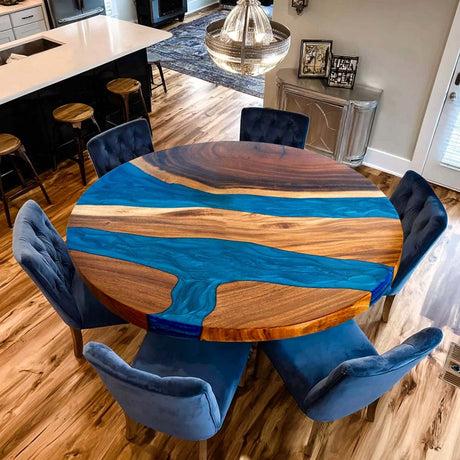 Elite Walnut & Blue Epoxy River Round Table ECT - 134 - Elitecustomtable