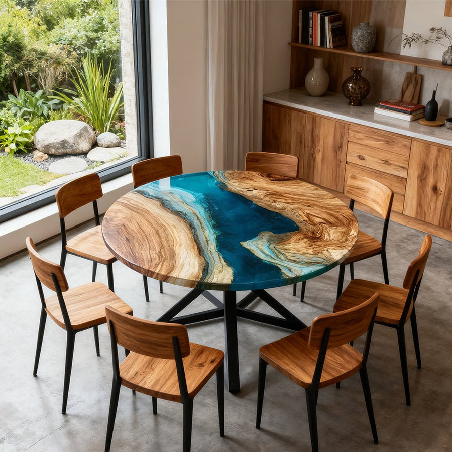 Elite Walnut Blue Ocean Epoxy Round Dinner Table ECT-254