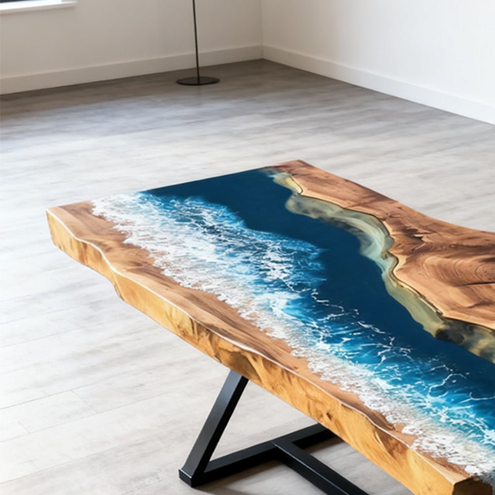 Elite Walnut Blue Ocean Wave Epoxy Rectangular Coffee Table ECT - 261 - Elitecustomtable