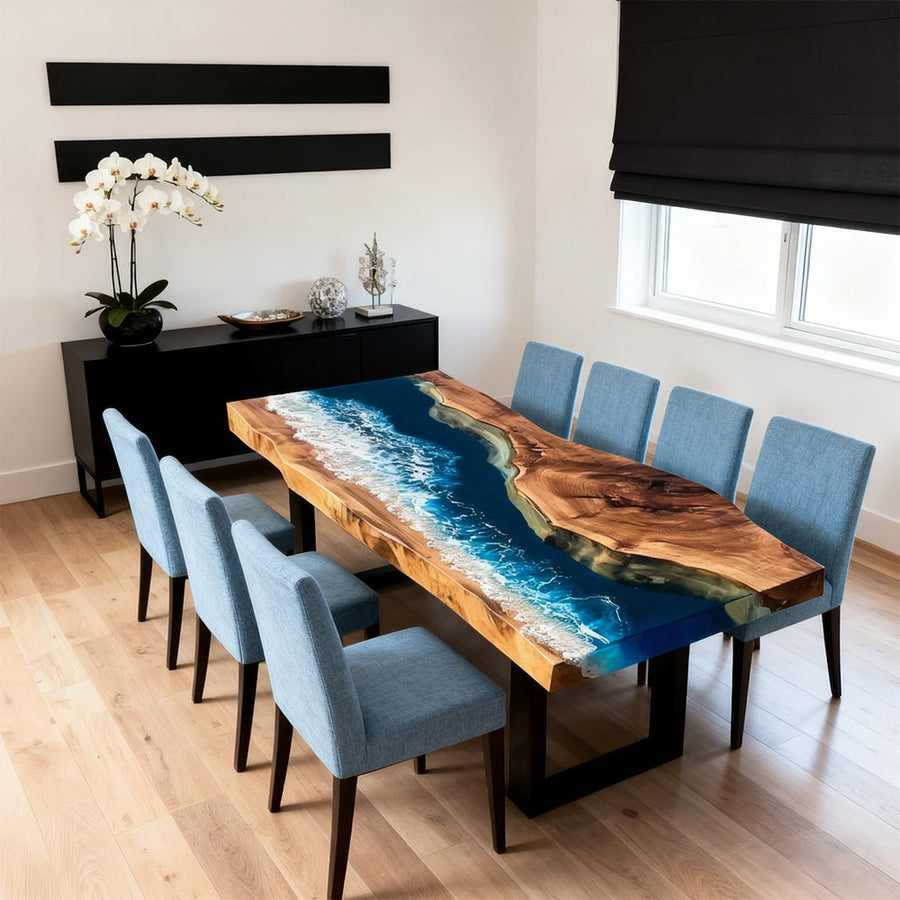 Elite Walnut Blue Ocean Wave Epoxy Rectangular Coffee Table ECT-261