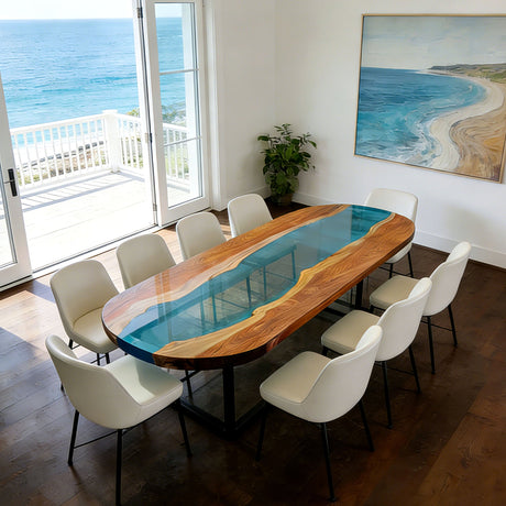 Elite Walnut Boat Shape Blue Epoxy River Dining Table – Handcrafted Coastal Resin Tabletop ECT - 287 - Elitecustomtable