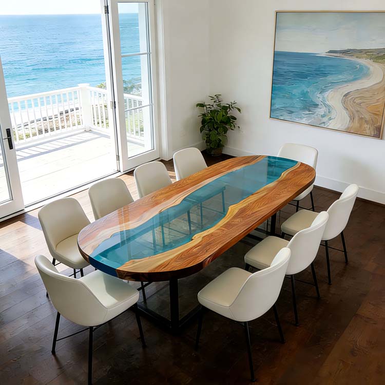 Elite Walnut Boat Shape Blue Epoxy River Dining Table – Handcrafted Coastal Resin Tabletop ECT-287
