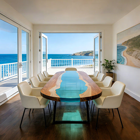 Elite Walnut Boat Shape Blue Epoxy River Dining Table – Handcrafted Coastal Resin Tabletop ECT - 287 - Elitecustomtable