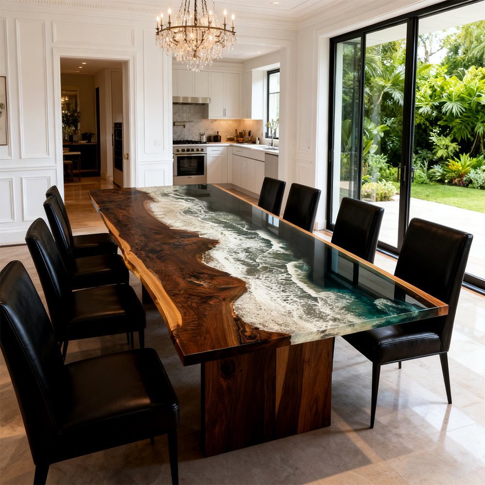 Elite Walnut Deep Green Ocean Epoxy Rectangular Dining Table ECT - 262 - Elitecustomtable