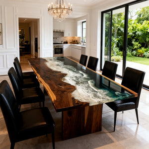 Elite Walnut Deep Green Ocean Epoxy Rectangular Dining Table ECT - 262 - Elitecustomtable