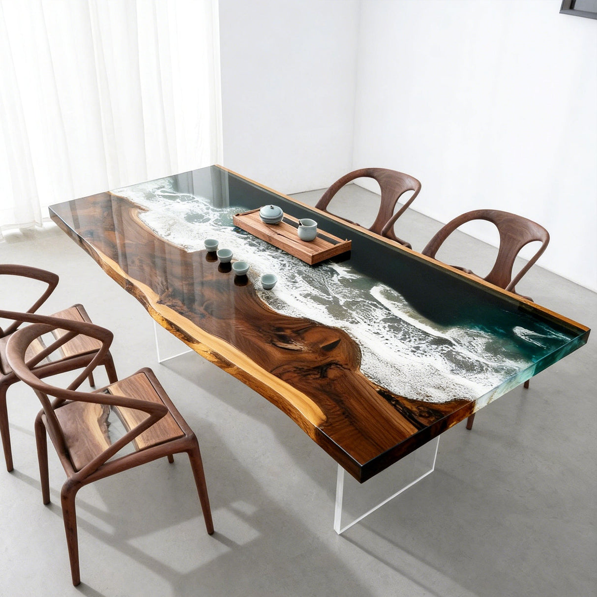 Elite Walnut Deep Green Ocean Epoxy Rectangular Dining Table ECT-262 - Elitecustomtable