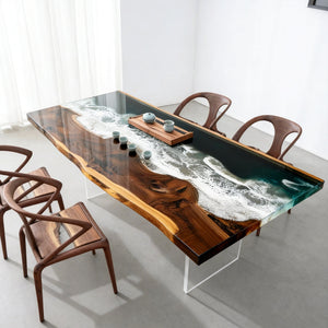Elite Walnut Deep Green Ocean Epoxy Rectangular Dining Table ECT-262 - Elitecustomtable