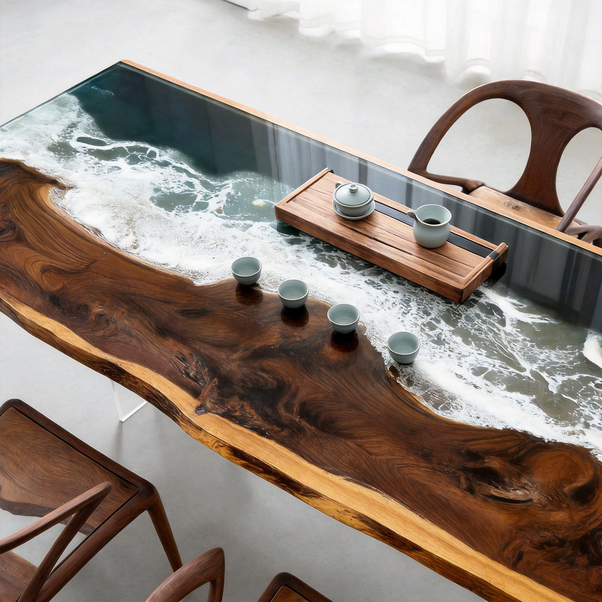 Elite Walnut Deep Green Ocean Epoxy Rectangular Dining Table ECT-262 - Elitecustomtable