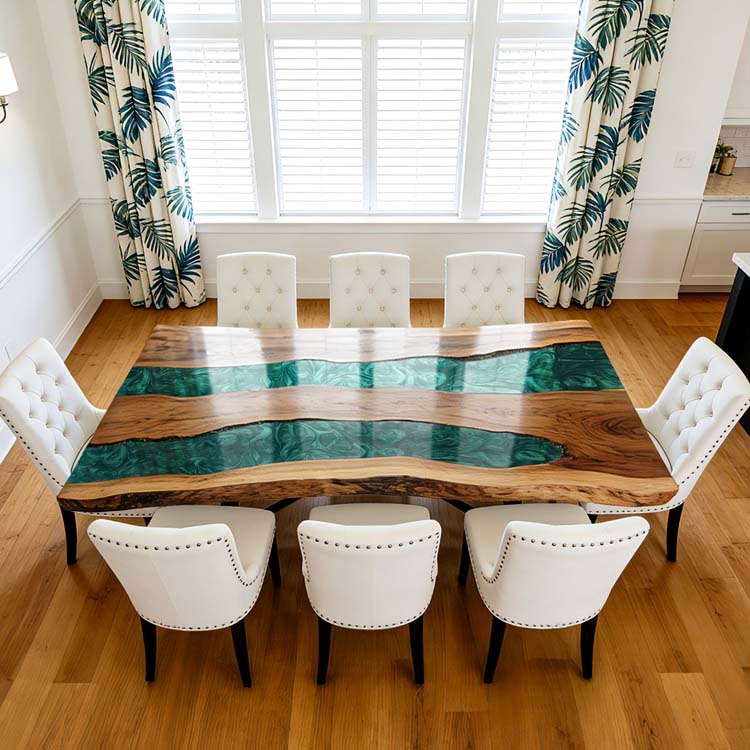 Elite Walnut Live Edge Emerald Green Epoxy River Dining Table – Handcrafted Resin Tabletop ECT-288