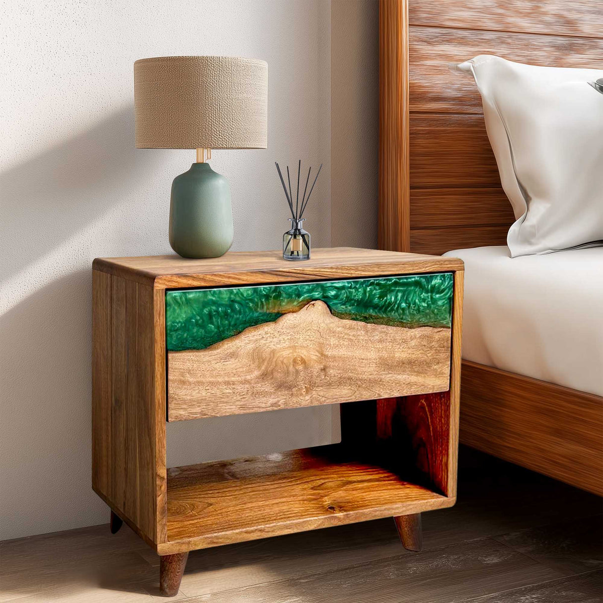 Elite Walnut Nightstand with Emerald Green Epoxy Drawer ECN - 03 - Elitecustomtable