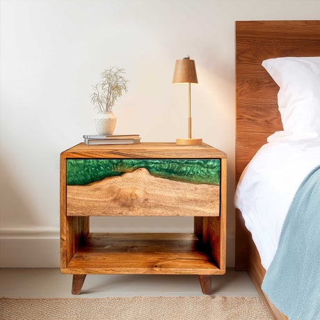 Elite Walnut Nightstand with Emerald Green Epoxy Drawer ECN - 03 - Elitecustomtable