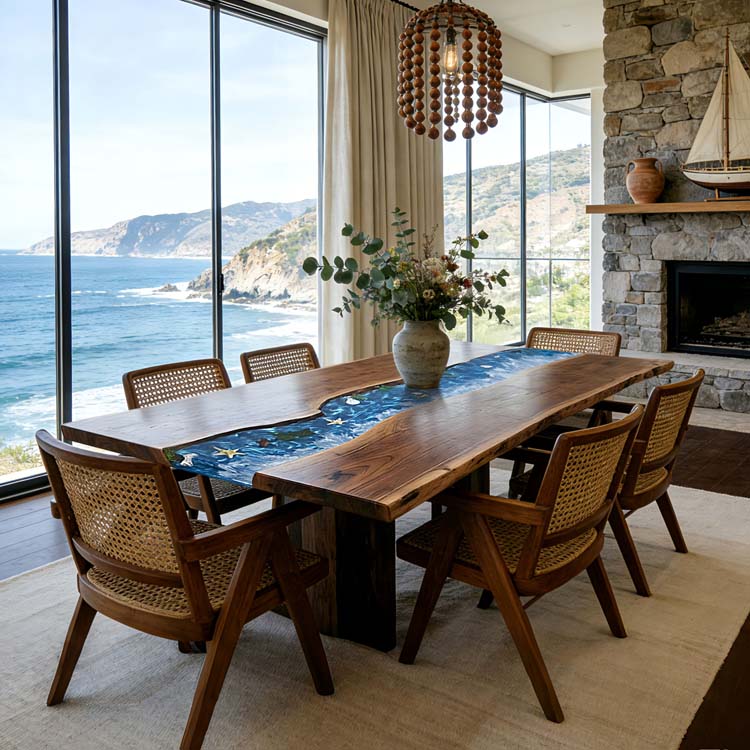 Elite Walnut Ocean Epoxy Dining Table – Handcrafted Straight Edge River Table with Ocean Resin Art ECT-284