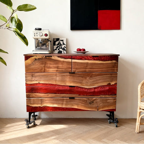 Elite Walnut Red Resin Wheeled 5 - Drawer Dresser ECD - 09 - Elitecustomtable