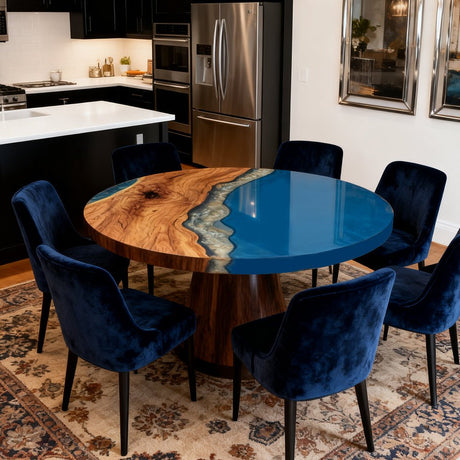 Elite Walnut Royal Blue Ocean Epoxy Round Dinner Table ECT - 255 - Elitecustomtable