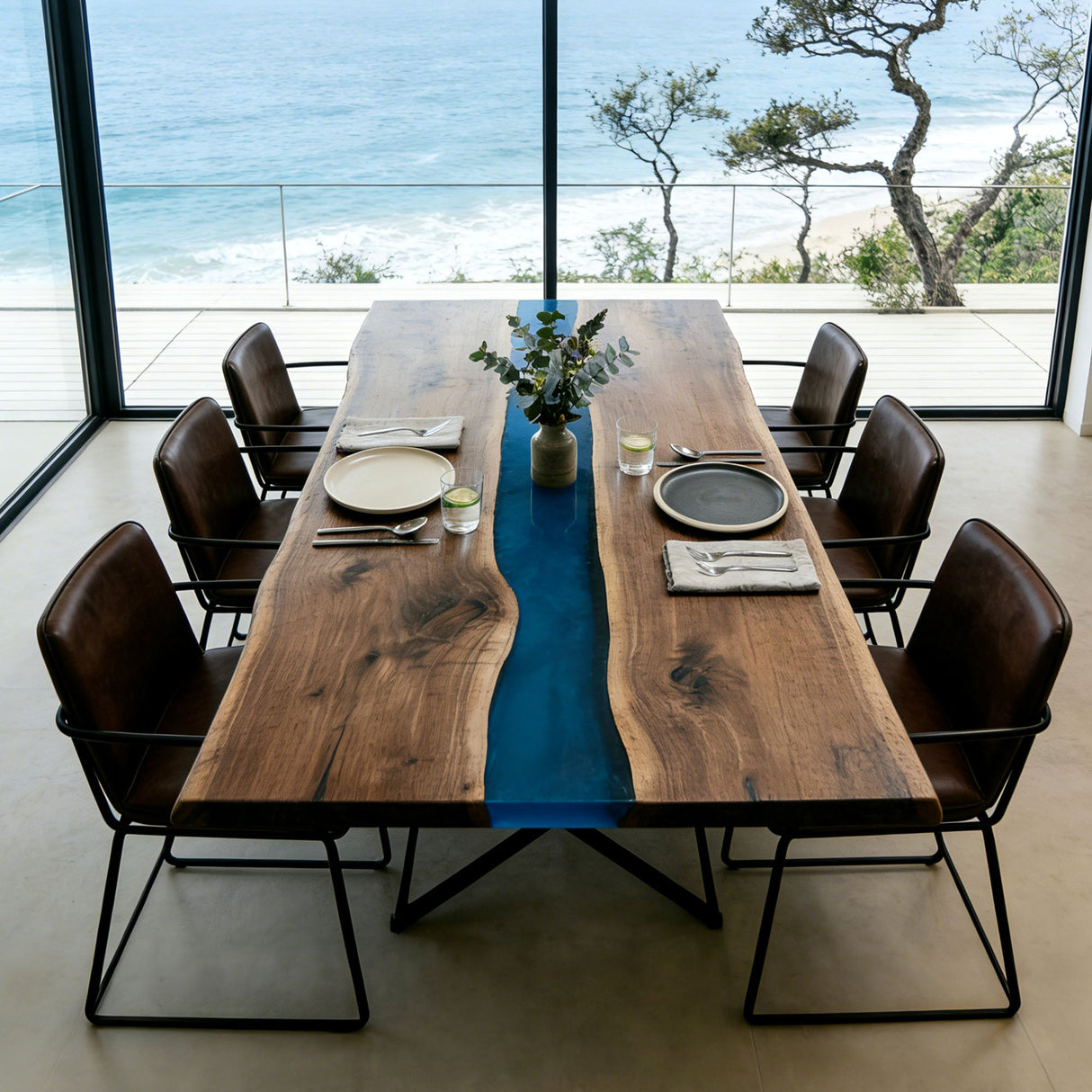 Elite Walnut Straight Edge Blue Epoxy River Dining Table – Handcrafted Ocean Resin Tabletop ECT - 285 - Elitecustomtable