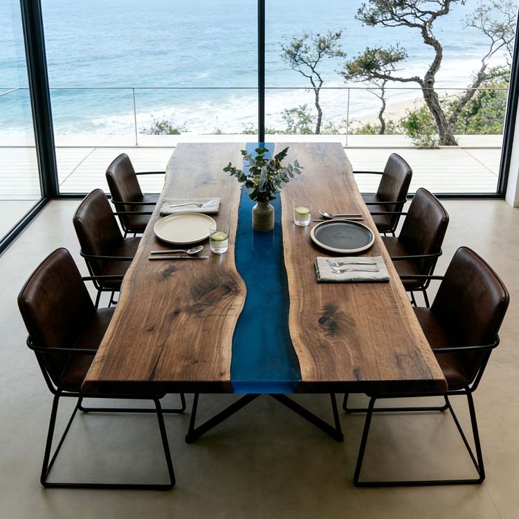 Elite Walnut Straight Edge Blue Epoxy River Dining Table – Handcrafted Ocean Resin Tabletop ECT-285