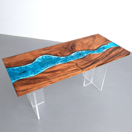 Elite Walnut Straight Edge Blue Ocean Epoxy Dinner Table with Marine Life Inlay ECT - 250 - Elitecustomtable