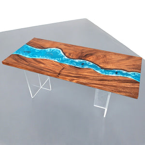 Elite Walnut Straight Edge Blue Ocean Epoxy Dinner Table with Marine Life Inlay ECT - 250 - Elitecustomtable