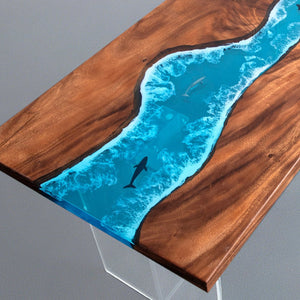 Elite Walnut Straight Edge Blue Ocean Epoxy Dinner Table with Marine Life Inlay ECT - 250 - Elitecustomtable
