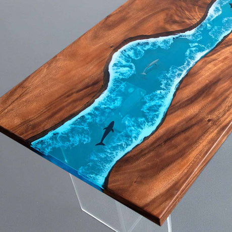 Elite Walnut Straight Edge Blue Ocean Epoxy Dinner Table with Marine Life Inlay ECT - 250 - Elitecustomtable