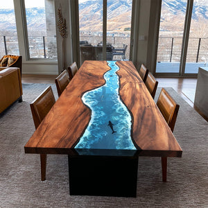 Elite Walnut Straight Edge Blue Ocean Epoxy Dinner Table with Marine Life Inlay ECT - 250 - Elitecustomtable