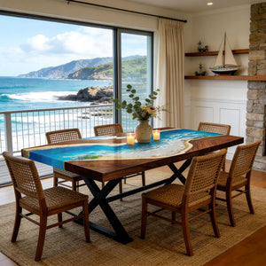 Elite Walnut Straight Edge Ocean Art Epoxy Dining Table – Handcrafted Coastal Resin Tabletop ECT - 286 - Elitecustomtable
