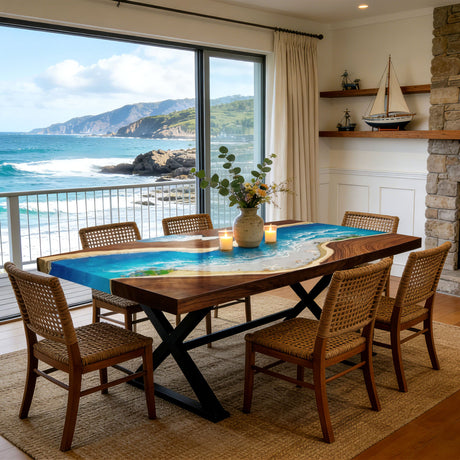 Elite Walnut Straight Edge Ocean Art Epoxy Dining Table – Handcrafted Coastal Resin Tabletop ECT - 286 - Elitecustomtable