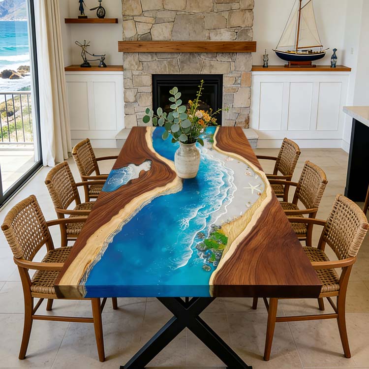 Elite Walnut Straight Edge Ocean Art Epoxy Dining Table – Handcrafted Coastal Resin Tabletop ECT-286