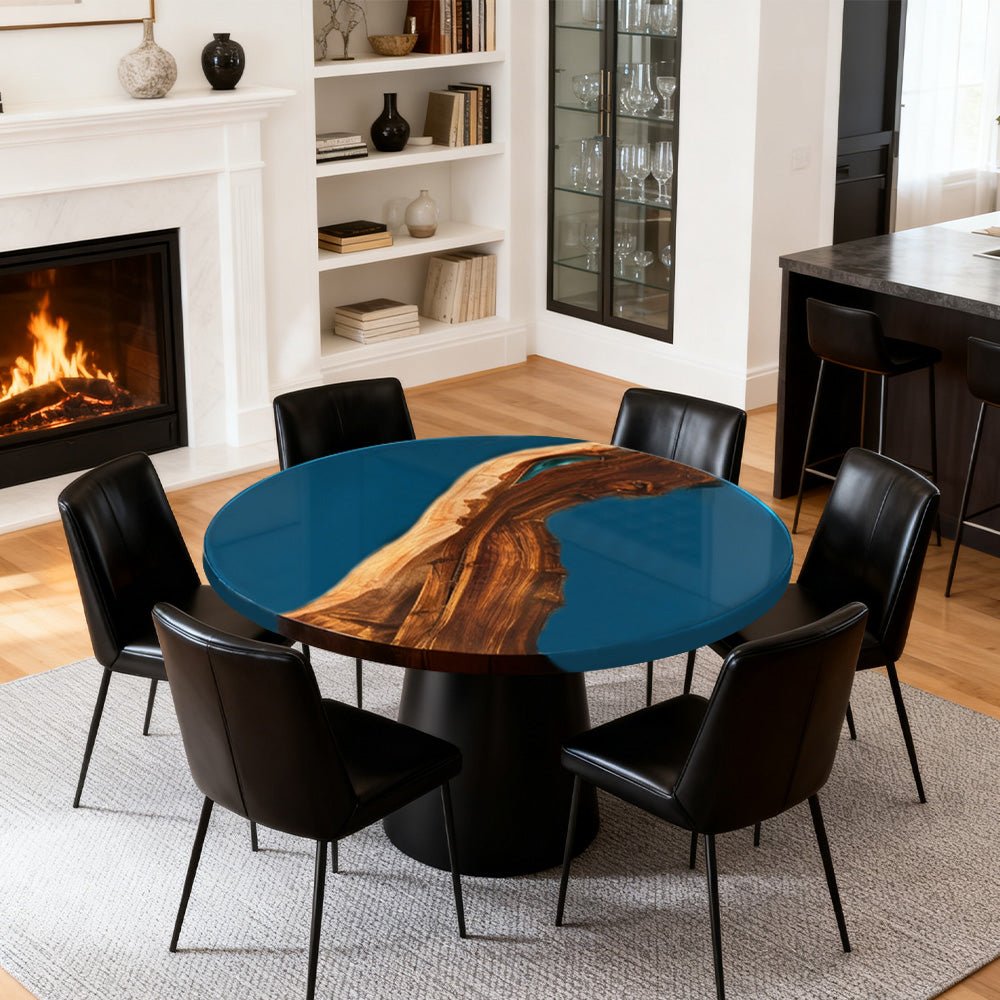 Elite Walnut Vibrant Blue Epoxy Round Dinner Table ECT - 258 - Elitecustomtable