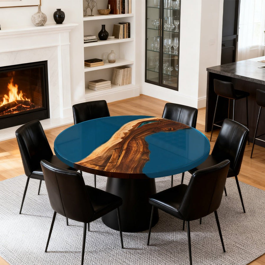 Elite Walnut Vibrant Blue Epoxy Round Dinner Table ECT-258
