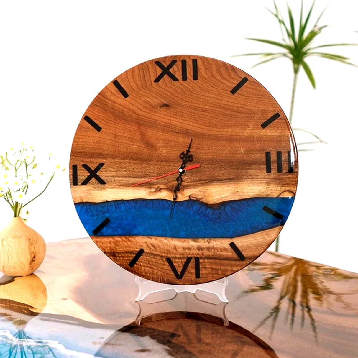 Elite Walnut Wood & Blue Epoxy Resin Decorative Wall Clock EWC - 10 - 16'' - Elitecustomtable