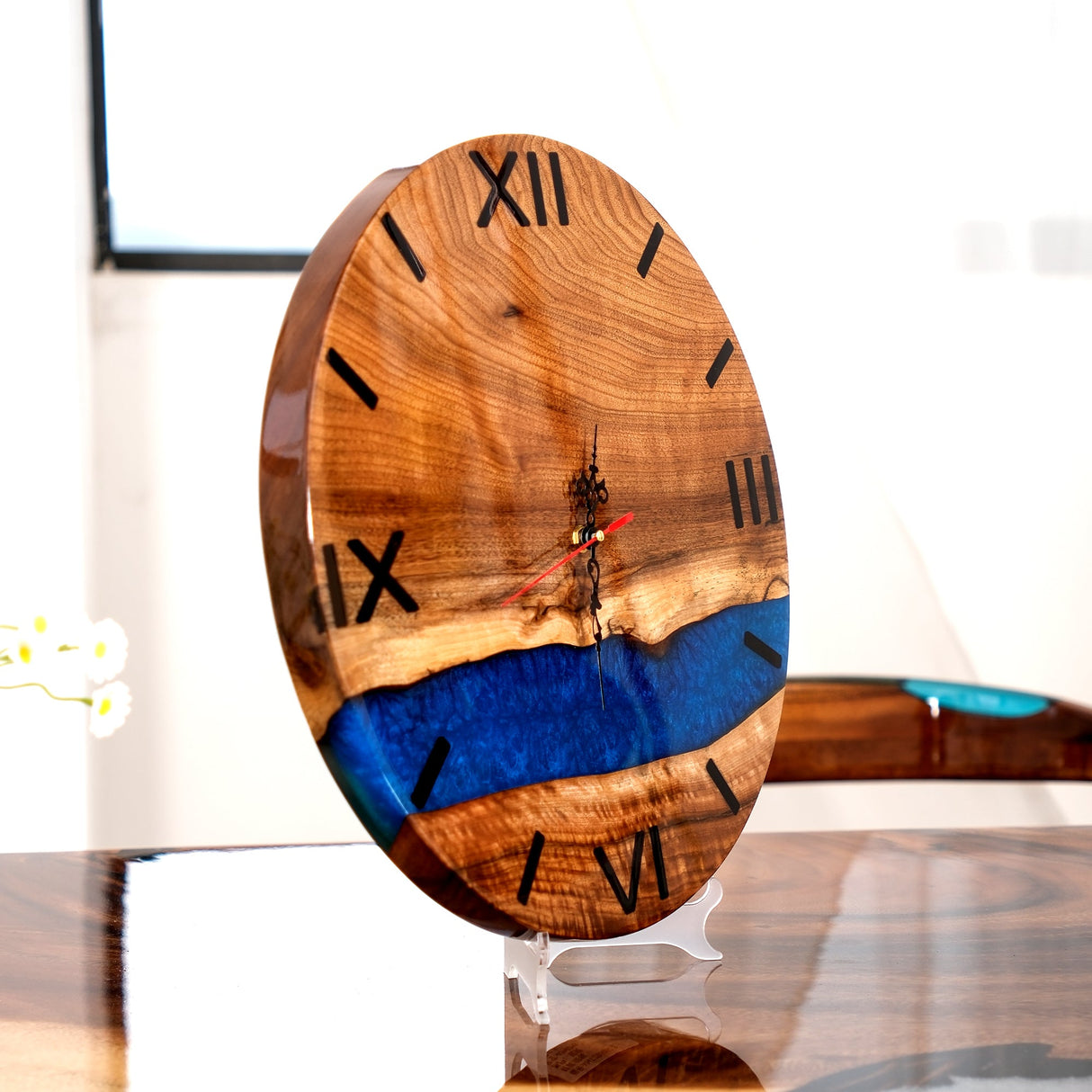 Elite Walnut Wood & Blue Epoxy Resin Decorative Wall Clock EWC - 10 - 16'' - Elitecustomtable