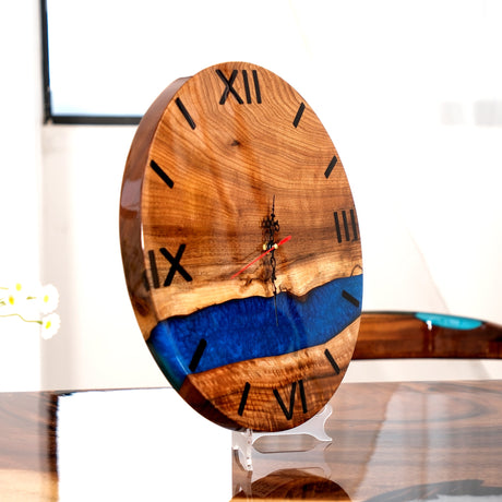 Elite Walnut Wood & Blue Epoxy Resin Decorative Wall Clock EWC - 10 - 16'' - Elitecustomtable