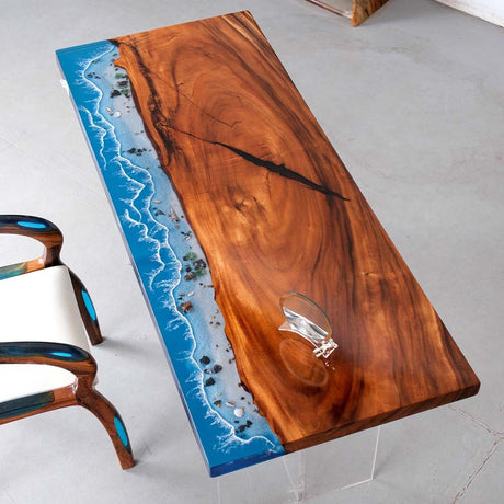 Elite Walnut Wood & Coastal Beach Wave Epoxy Dining Table with Seashells ECT - 152 - Elitecustomtable