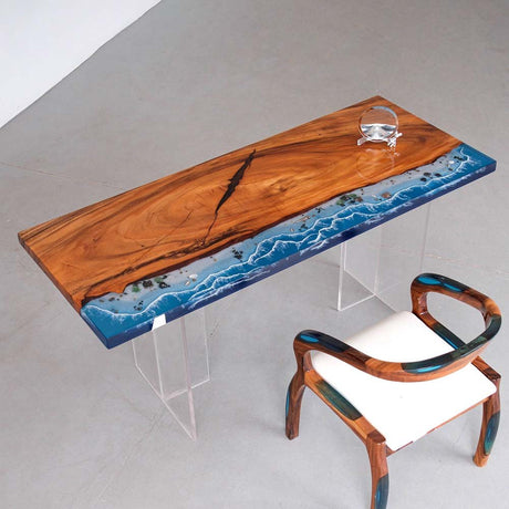Elite Walnut Wood & Coastal Beach Wave Epoxy Dining Table with Seashells ECT - 152 - Elitecustomtable