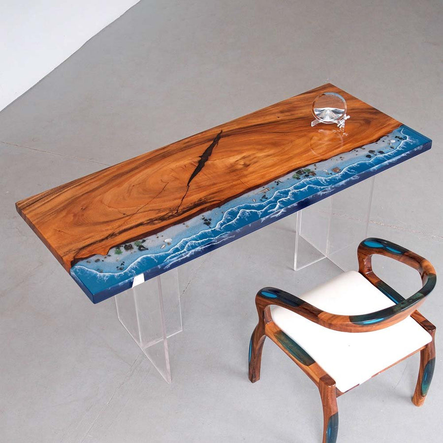 Elite Walnut Wood & Coastal Beach Wave Epoxy Dining Table with Seashells ECT-152