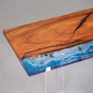 Elite Walnut Wood & Coastal Beach Wave Epoxy Dining Table with Seashells ECT - 152 - Elitecustomtable