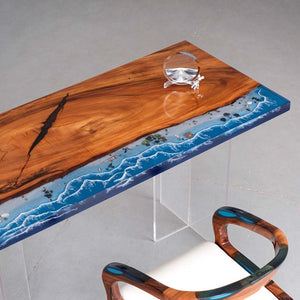 Elite Walnut Wood & Coastal Beach Wave Epoxy Dining Table with Seashells ECT - 152 - Elitecustomtable