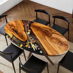 Elite Walnut Wood & Dried Flower/Hay Resin Oval Coffee Table ECT - 191 - Elitecustomtable