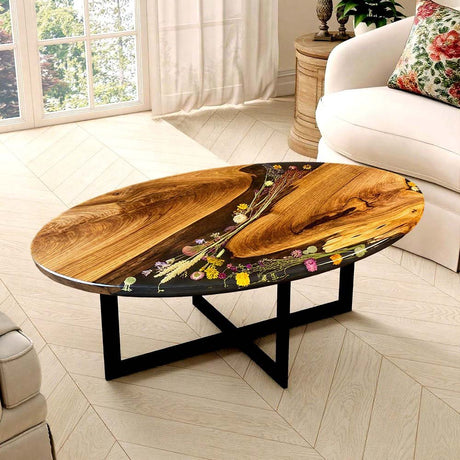 Elite Walnut Wood & Dried Flower/Hay Resin Oval Coffee Table ECT - 191 - Elitecustomtable